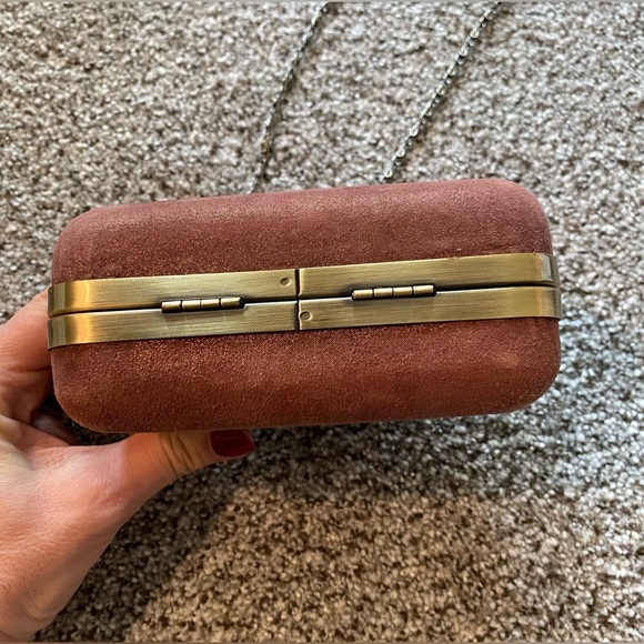 C WONDER Rust Mauve Pink Suede Gold Hard Clutch w Chain - Picture 5 of 8